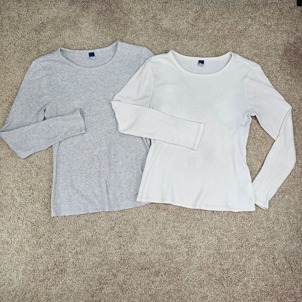 Old Navy Ribbed Long Sleeve Tops L Gray Ivory Stretch Layering Tees 2 Piece Lot - Picture 2 of 12